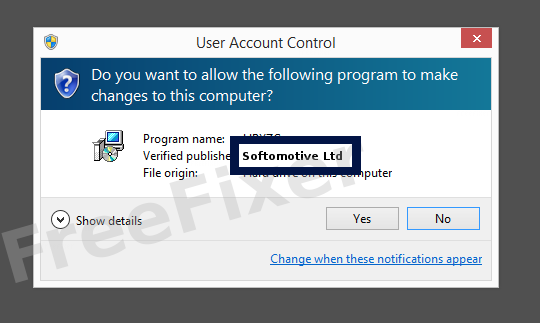 Screenshot where Softomotive Ltd appears as the verified publisher in the UAC dialog